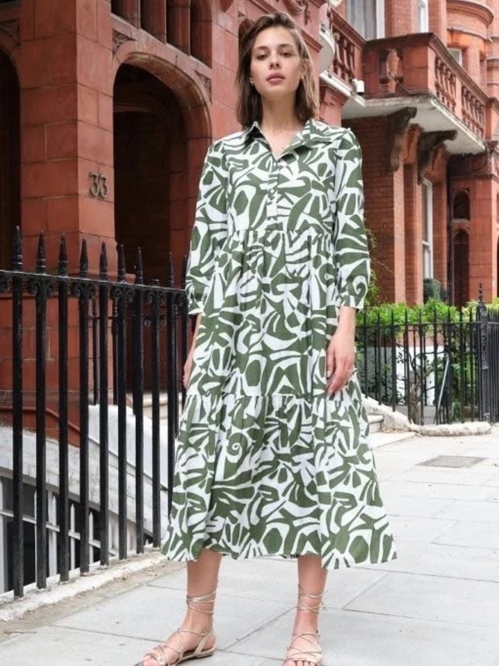 Womens Pattern White & Green Button-Front Dress